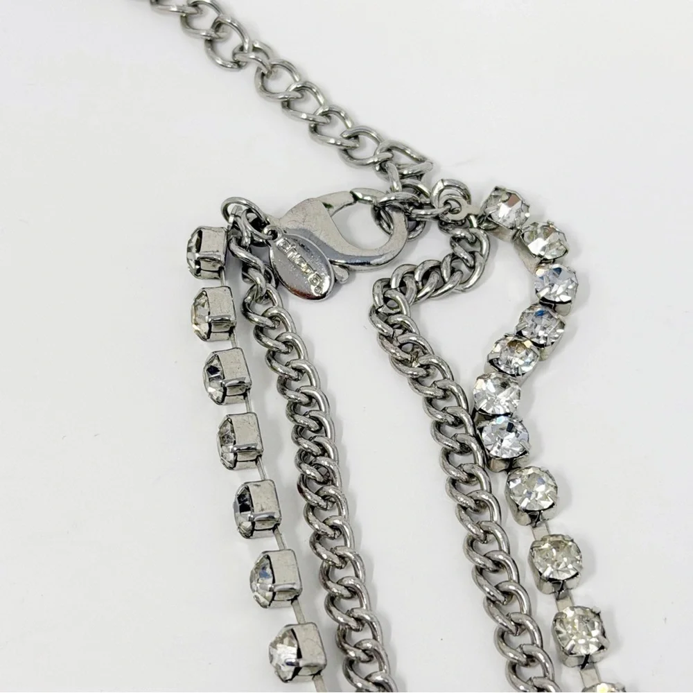 Chico’s Layered Long Necklace Silver Tone Chain & Clear Rhinestones